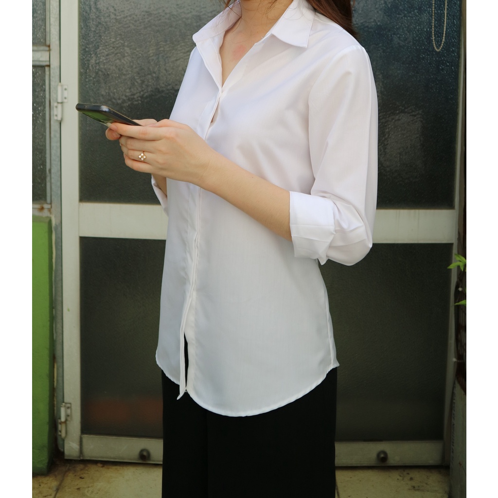 Áo Sơ Mi Trắng Nữ, Không Nhăn, Giấu Nút, Tay Dài Có Bigsize, Sơ Mi Trắng, Công Sở Chất Vải Kate Mỹ Form Suông