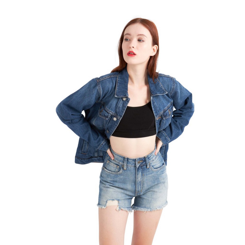 Quần short nữ lưng cao lai tua rua chất jeans cotton cao cấp màu xanh 8073 – Cotonfio