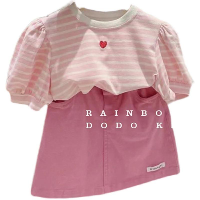 Set Đồ Mùa Hè 5 Món Gồm Áo Tay Cộc Kẻ Sọc + Quần Dài Phong Cách Phương Tây Cho Bé Gái