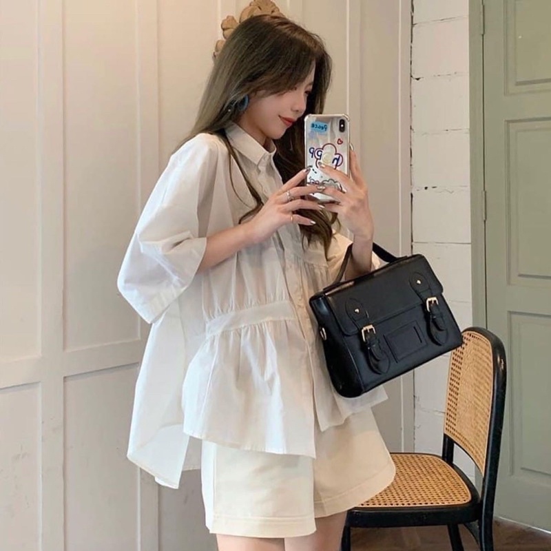 Áo sơ mi ulzzang tay lỡ form rộng ( vạt trước và chiết eo )