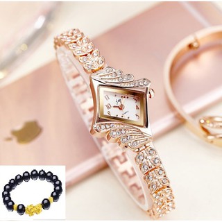 Đồng hồ nữ bản dây chạm lá đính đá mạ vàng sang trọng tặng vòng tỳ hưu phong thủy may mắn JW07