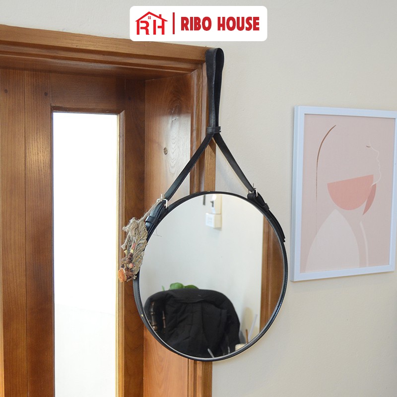 Gương trang điểm RIBO HOUSE chất liệu dây da, gương tròn trang trí phòng ngủ nhà tắm decor quán cafe nails RIBO41