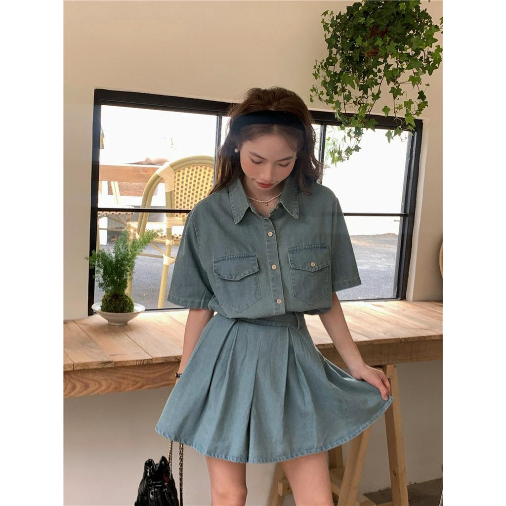 Bộ Áo Denim Ngắn Tay + Chân Váy Thời Trang Retro Hàn Quốc 63395