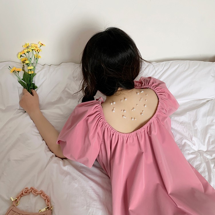 váy Hàn Quốc thiết kế tay áo phồng màu hồng dễ thương