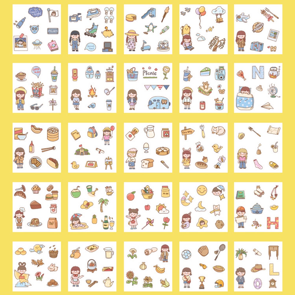 Set hộp hình dán giấy chống nước chủ đề đồ ăn đồ uống động vật màu sắc rực rỡ dùng làm quà tặng dán trang trí album ảnh
