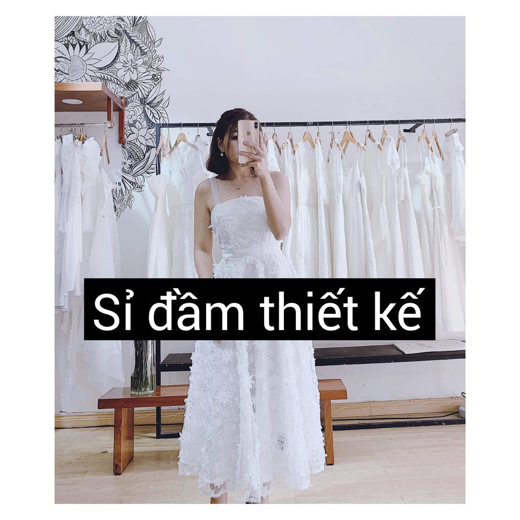 Đầm ren dự tiệc hoa nổi 3D thiết kế hai dây, dáng xòe, màu trắng sang trọng (kèm hình thật và feed back KH) _ Layla