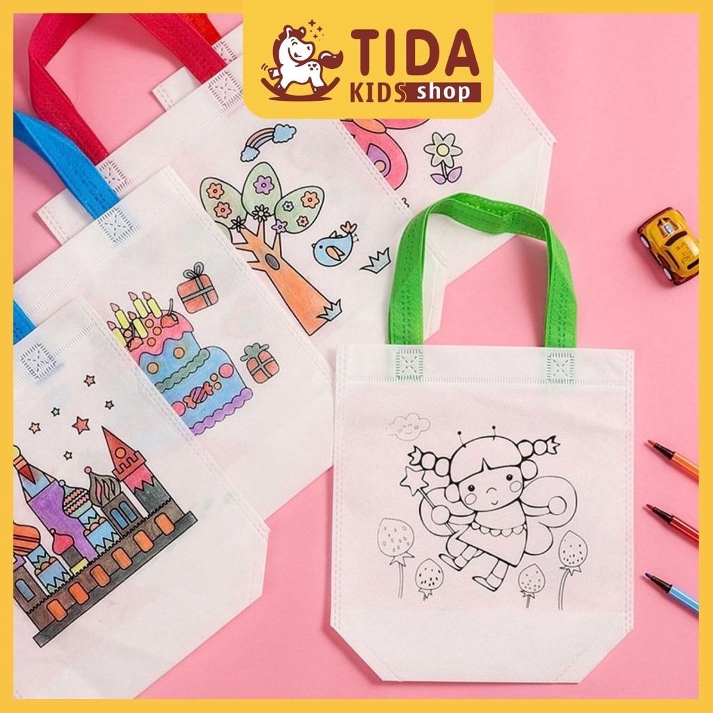 Set Túi Tote ⚡️HOT TREND ⚡️ Kèm Bút Lông Trang Trí 6 Màu, Túi 37*22cm Dễ Thương, Văn Phòng Phẩm TiDa Kids Shop