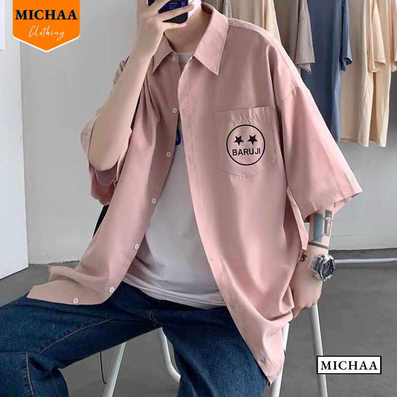 Áo Sơ Mi BARU JI Tay Ngắn Mặt Cười Unisex, Áo Sơ Mi Kaki Tay Lỡ Nam Nữ - MICHAA
