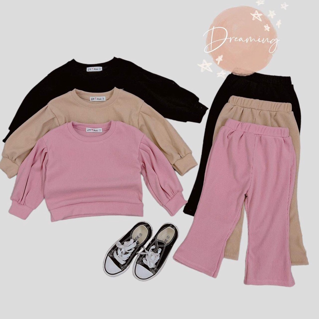 Bộ bé gái, set bộ len tăm nhung trơn tay bồng quần loe cho bé gái 8-30kg B0171