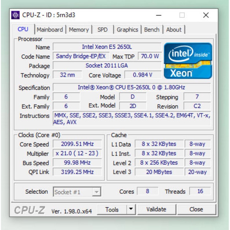 CPU Intel e5 2650L. 8 lõi 16 luồng