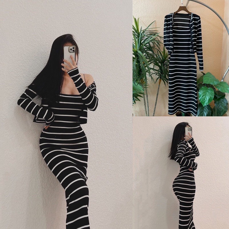 Set đầm body hai dây kẻ sọc kèm áo khoác chất thun gân + Clip ảnh thật