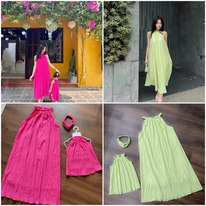Đầm Maxi Xanh cốm Đi Biển, Đầm Đôi Mẹ Bé