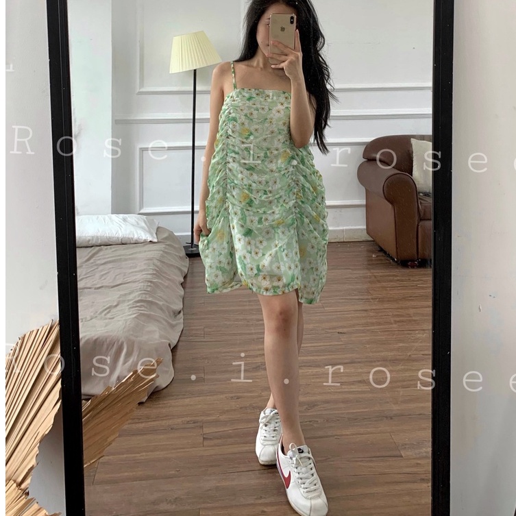 Đầm xanh voan hoa nhúng
