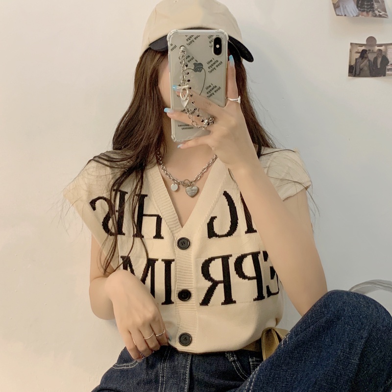 Áo dệt kim ZHELIHANGFEI sát nách dáng rộng in chữ cá tính trẻ trung cho bạn gái