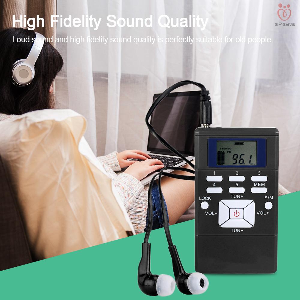 Máy radio FM mini DSP kỹ thuật số kèm tai nghe và dây dài 1.2