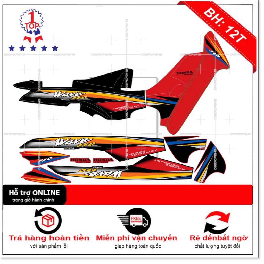 ( Quí khách vui lòng mang ra tiệm cho thợ dán ) Tem wave nhỏ đời đầu đỏ đen v1