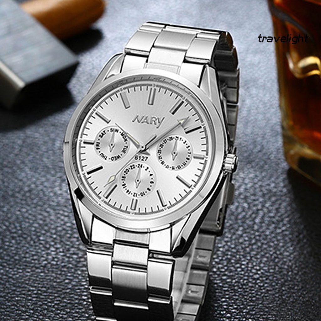 【TL】NARY Fashion Adjustable 3 Decorative Dial Steel Strap Office Business Silver Quartz Wristwatch Couple Watch