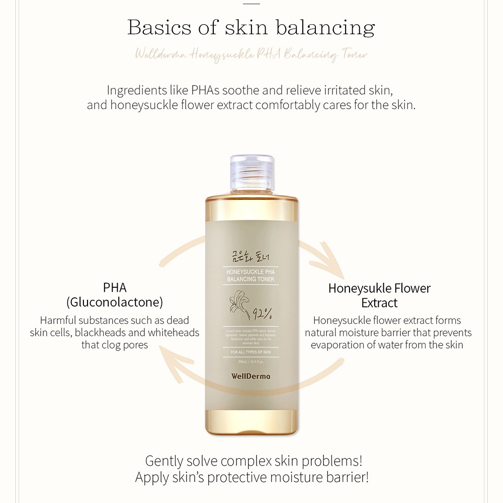 Nước hoa hồng WellDerma PHA chiết xuất kim ngân có tính axit thấp không gây kích ứng làm đều màu da 500ml