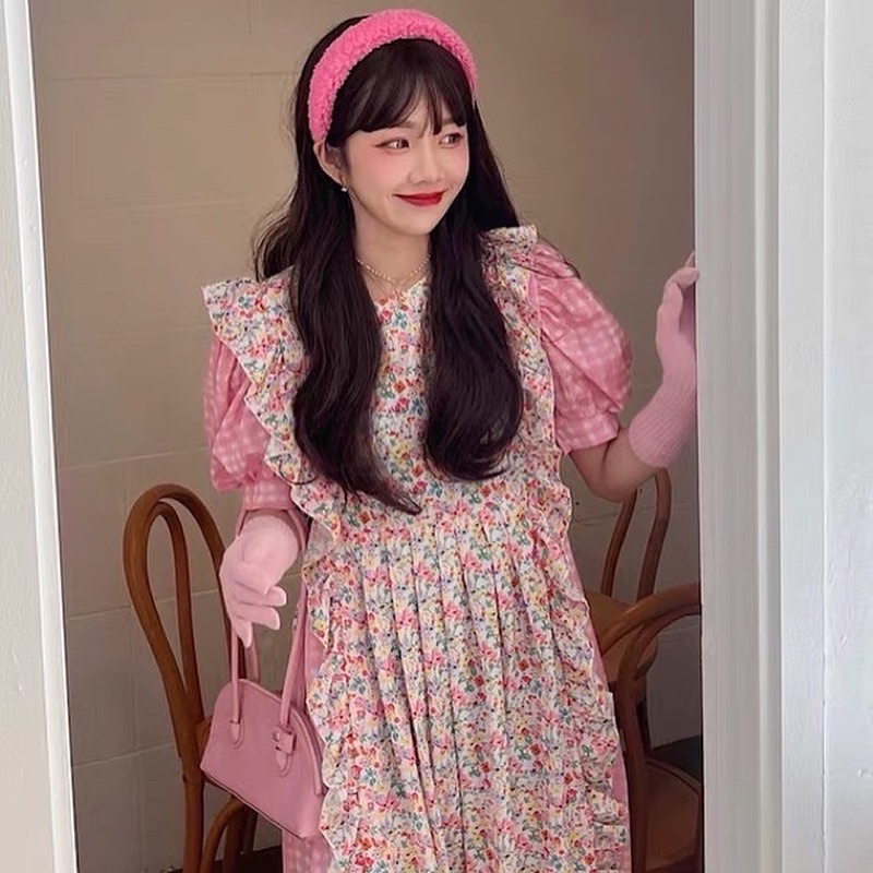 Váy Caro Hồng Phối Hoa