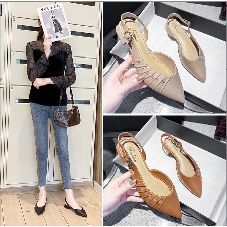 Giày Búp Bê Nữ Có Dây Quai Hậu Đính Đá Phong Cách Mạnh Mẽ, Cá Tính - Giày Nhựa Sandal Búp Bê Mũi Nhọn