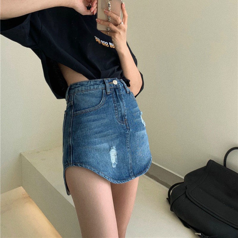 Chân váy denim dài ngang hông lưng cao thời trang mùa hè 2021
