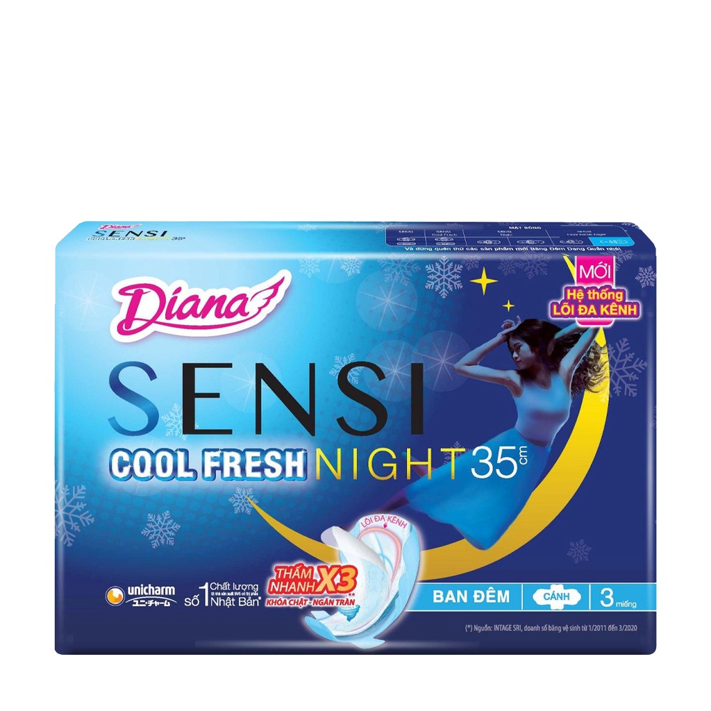 Băng Vệ Sinh Ban Đêm Siêu Thoáng Có Cánh Diana Sensi Cool Fresh Night 35cm (3 Miếng)