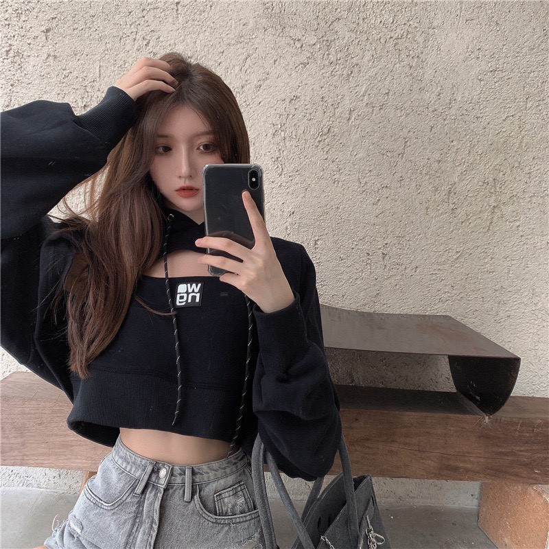 Set Áo Thun Sweater Croptop Dài Tay Cutout có Mũ + Áo 3 Lỗ Phối Thêu Siêu Chất