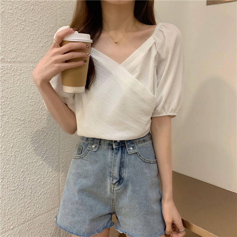 Áo sơ mi cổ chéo tay bồng không nhăn đi học đi làm | BigBuy360 - bigbuy360.vn