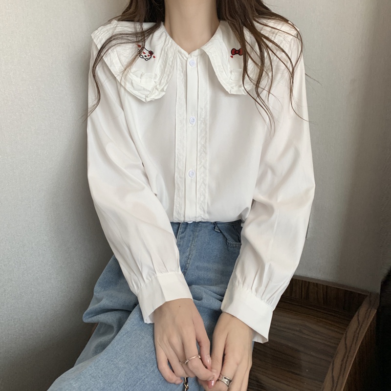 SUXI Áo Sơ Mi Tay Dài Dáng Rộng Cổ Búp Bê Màu Sắc Ngọt Ngào Xinh Xắn