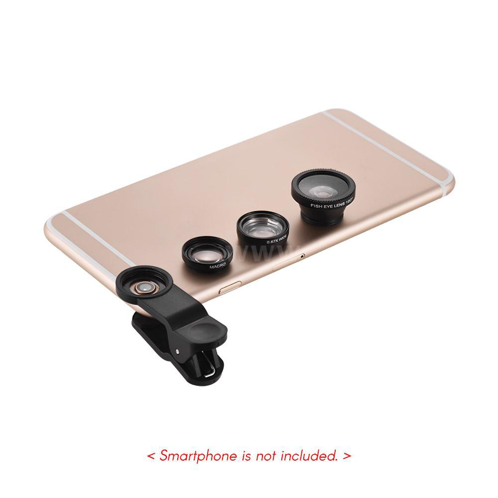 Universal Clip Lens Kit 180° Mobile Phone Fisheye Lens 0.67× Wide Angle Lens Macro Lens 3 in 1 with Clip for iPhone Samsung Huawei Smartphone Lens Mobile Photography Accessories