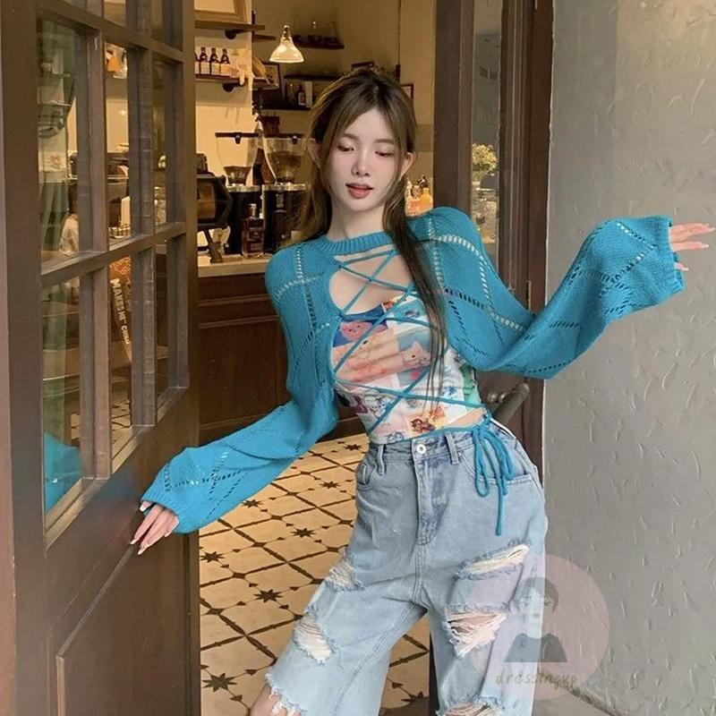 Áo Dệt Kim Tay Dài Cổ Tròn Màu Trơn Thời Trang Cho Nữ