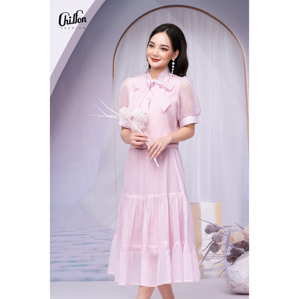 Áo sơ mi nữ công sở cổ nơ tay phối thiết kế Chiffon