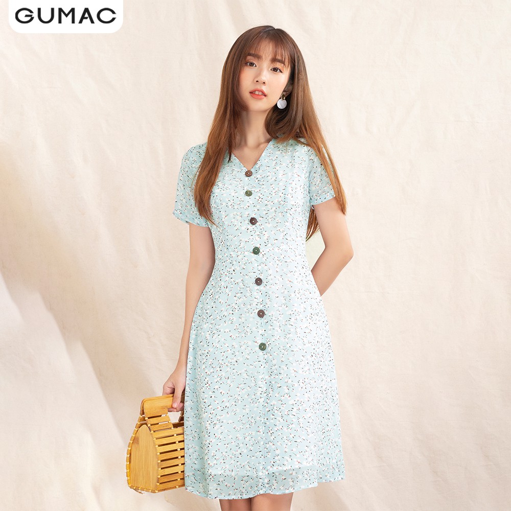 [Mã MABR07062 giảm 8% tối đa 50K đơn từ 249K] Đầm xòe hoa nhí cổ V nút gỗ GUMAC DA1096 | BigBuy360 - bigbuy360.vn