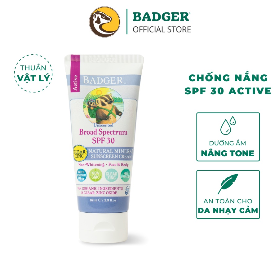 Kem chống nắng vật lý BADGER SPF 30 Active Sunscreen dưỡng ẩm hàng ngày phổ rộng an toàn cho bà bầu, da mụn khô nhạy cảm