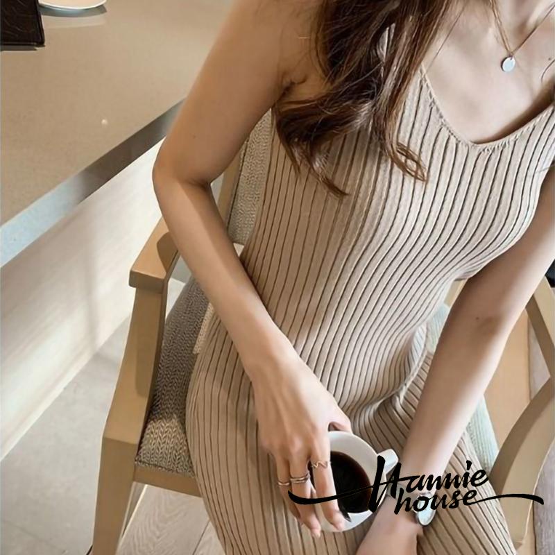 Đầm Dệt Kim Hai Dây Cổ Chữ V Co Giãn Thời Trang Đường Phố Cho Nữ