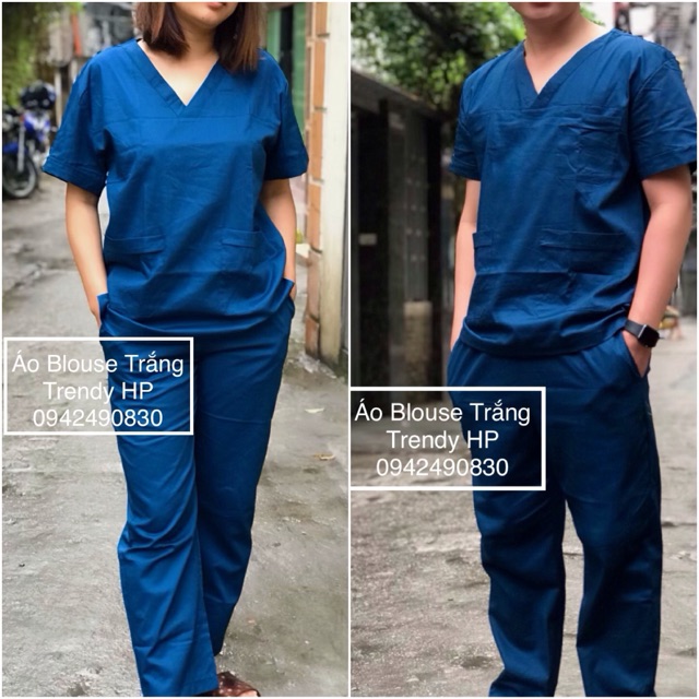 Bộ blouse cao cấp cổ tim xanh than - bộ scrubs kỹ thuật viên nam nữ