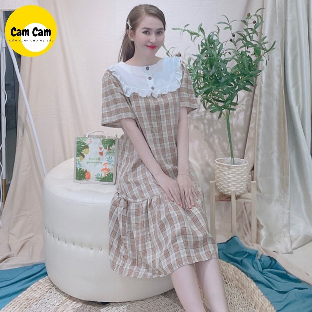 Váy Bầu Xinh Công Sở Chất Thoáng Mát Cổ Trắng Chất Liệu Lụa Thô Cộc Tay Dáng Đuôi Cá
