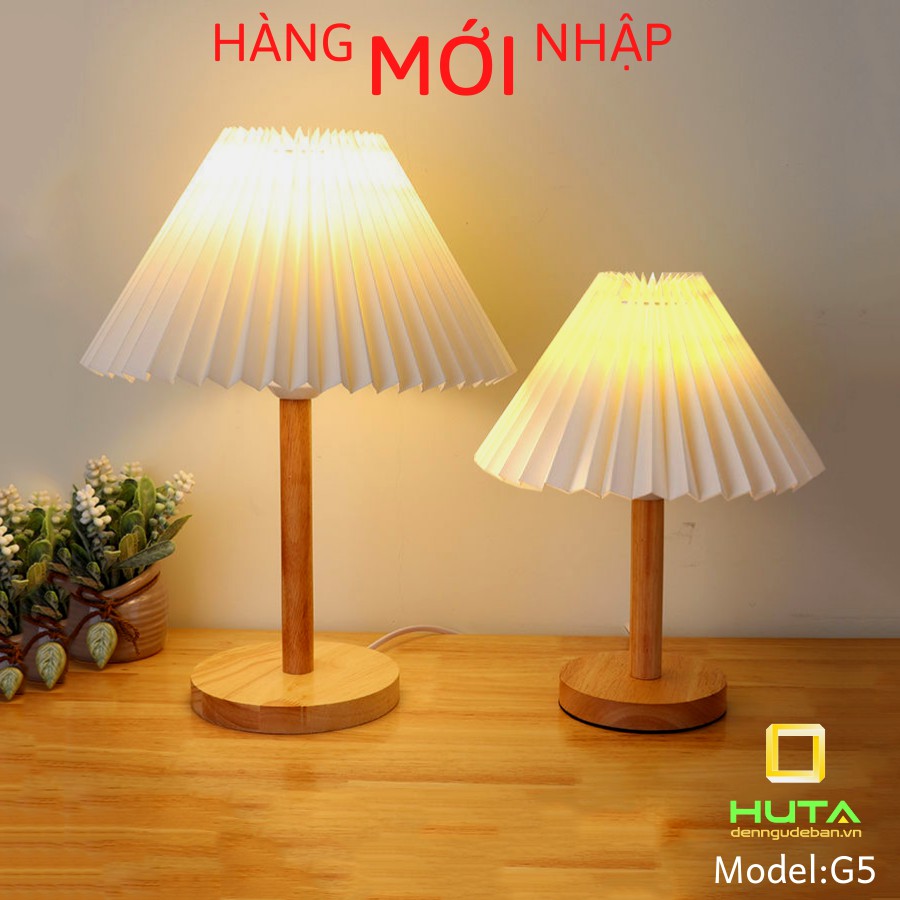 Đèn Ngủ Gỗ Để Bàn Vintage Điều Chỉnh Độ Sáng, Ánh Sáng Led Vàng Ấm, Chao Xếp Ly, Dùng Trang Trí Decor Phòng Ngủ, Mã G5