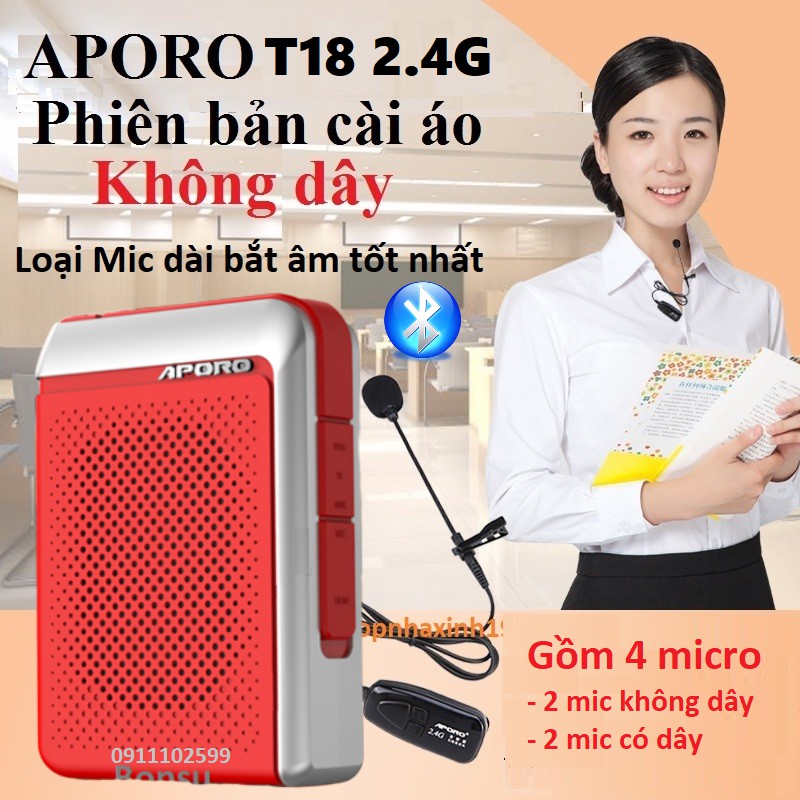 [Mã ELHACE giảm 4% đơn 300K] Loa trợ giảng Aporo T18 2.4G cài áo không dây chính hãng có Bluetooth