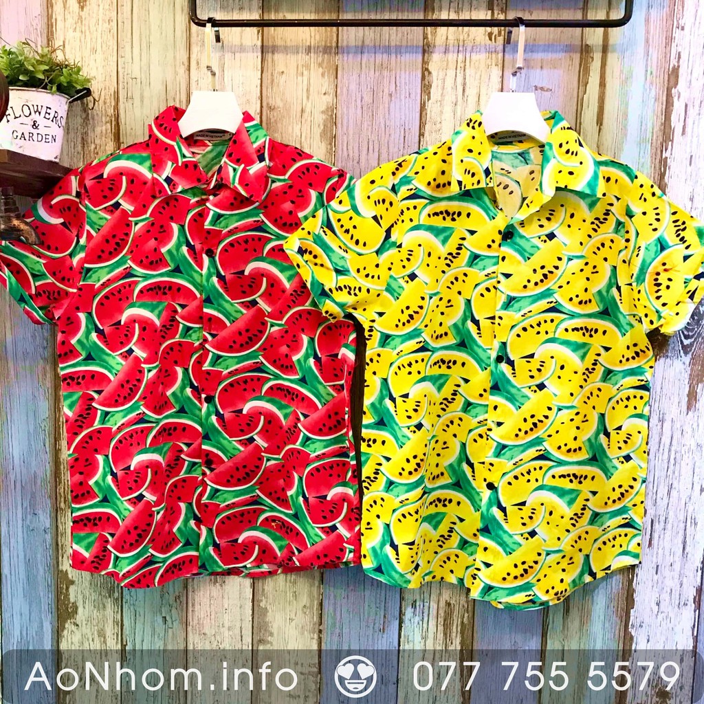 Áo sơ mi trái cây, Sơ mi Hawaii đi biển - Dưa hấu đỏ, Dưa hấu vàng - Đủ size Em Bé, S, M, L, XL, XXL, XXXL - #AB003