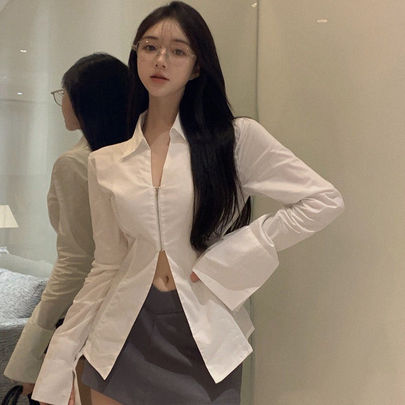 Áo kiểu COZOKC tay dài cổ sơ mi dáng ôm thời trang trẻ trung