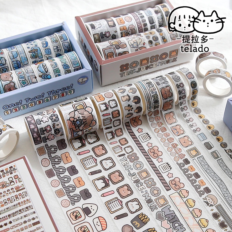 Hộp 12 cuộn băng dính washi họa tiết hoạt hình dễ thương trang trí tự làm da dụng