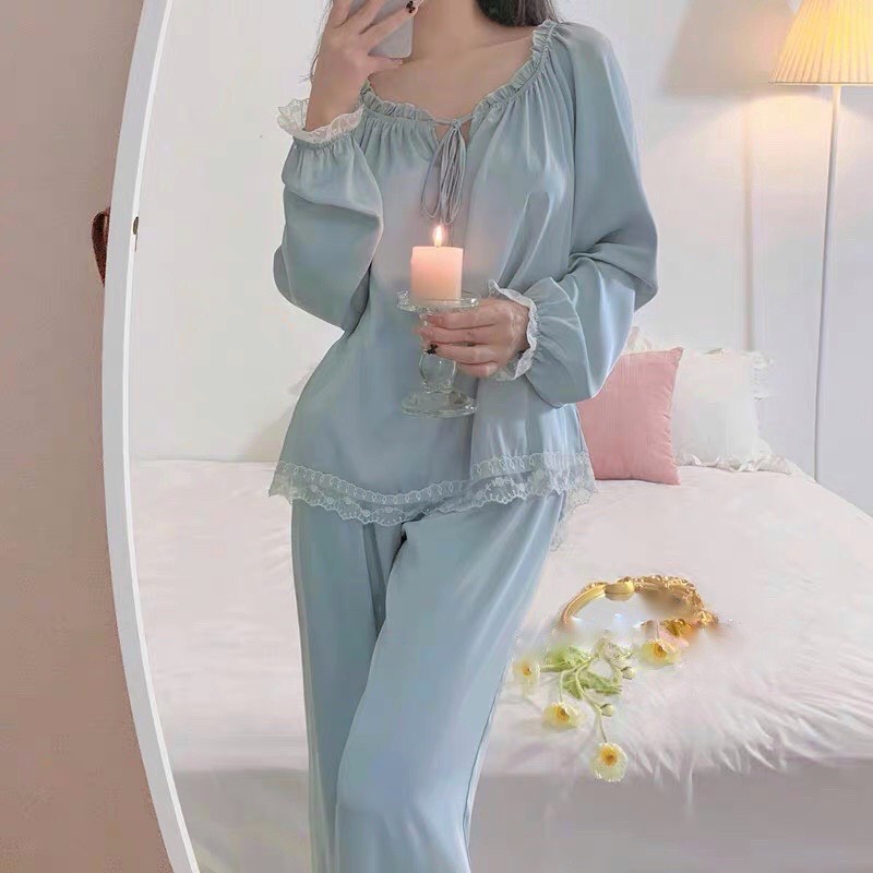 (Freeship 50K) Bộ Lụa Mặc Nhà Cao Cấp Tay Dài Bẹt Vai Phối Ren Tiểu Thư Vải Lụa Latin Siêu Mềm Freesize Dưới 60kg
