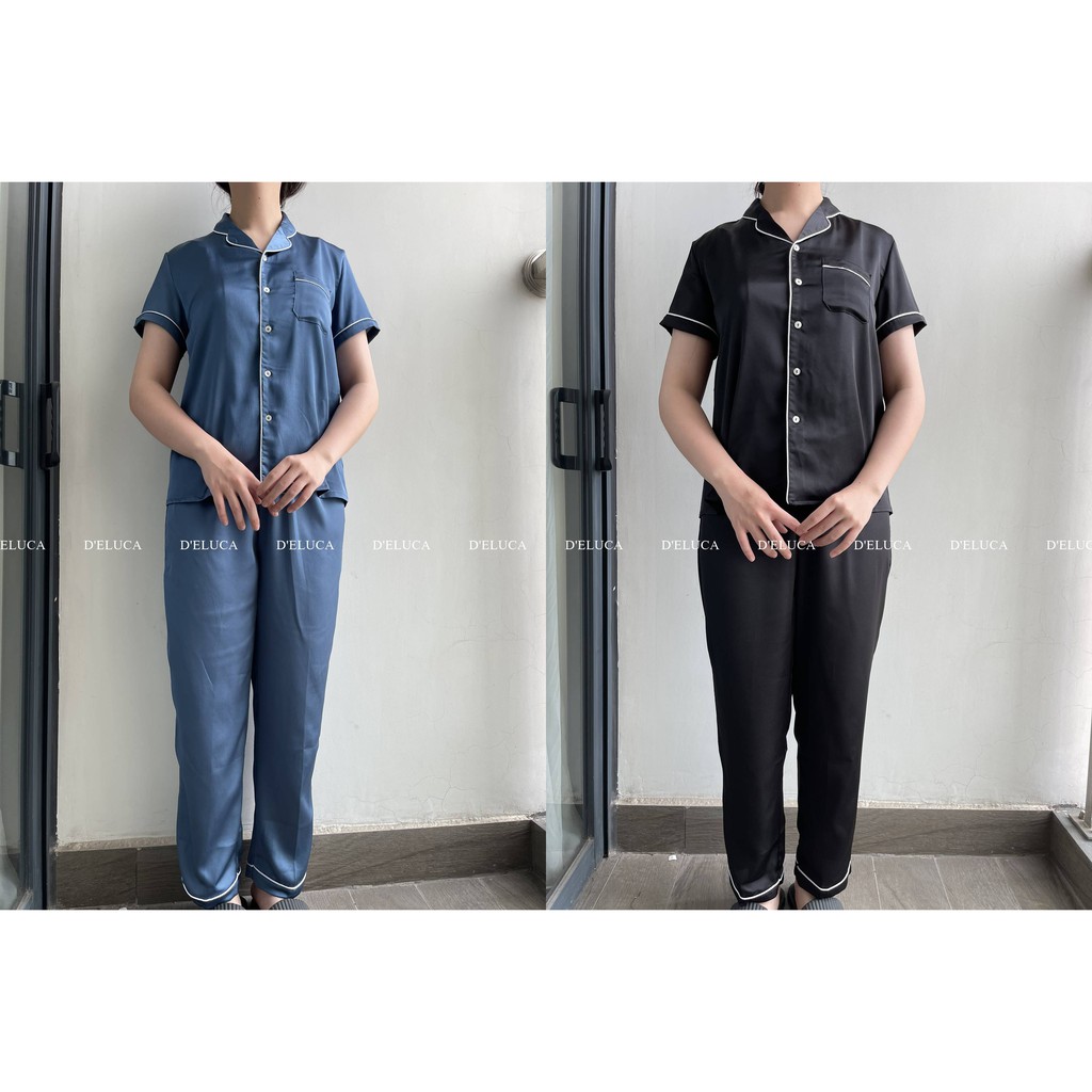 [Hình+Video Thật] Bộ Ngủ Dài Chất Liệu Lụa Hàn Cao Cấp Pijama Nữ Quần Dài Áo Cộc Màu Trơn Phối Viền Mềm Mại Mặc H