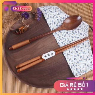 Set thìa gỗ + đũa gỗ tự nhiên phong cách Nhật Bản, gọn nhẹ , tiện lợi cho văn phòng [Kèm vúi vải]