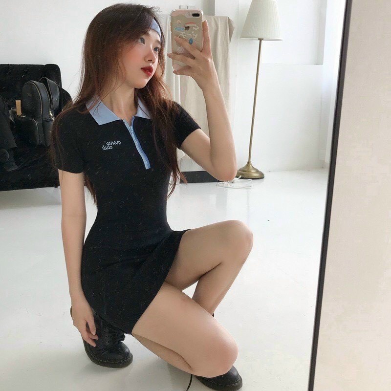 đầm polo viền xanh dáng ngắn xinh k