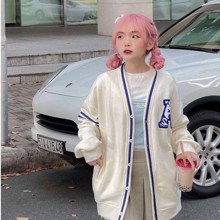 Khoác Cardigan In Chữ A Viền Sọc Tay Dáng Rộng Nam Nữ Unisex Uzzlang