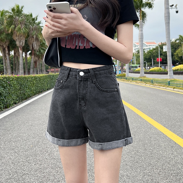Quần Short Denim Plus Size Lưng Cao Màu Trơn Phong Cách Hàn Quốc