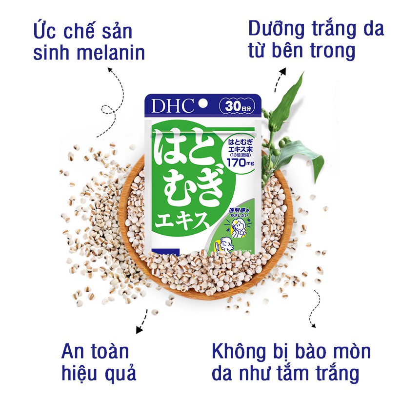 Combo 30 ngày hỗ trợ làm trắng da, giảm thâm, nám, tàn nhang, viên uống sáng da Adlay Extract và Vitamin C DHC Nhật Bản.