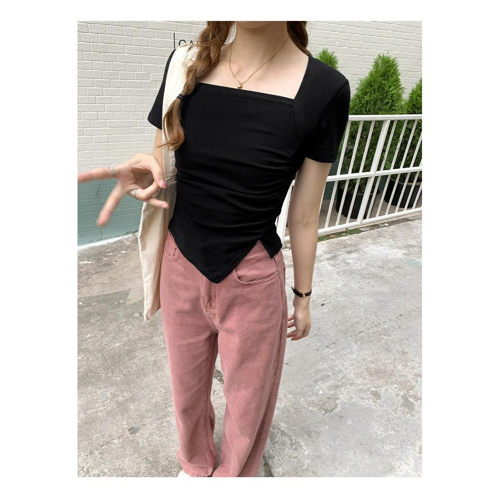 Áo Thun Tay Ngắn Cổ Vuông Xếp Ly Kiểu Mới 63844